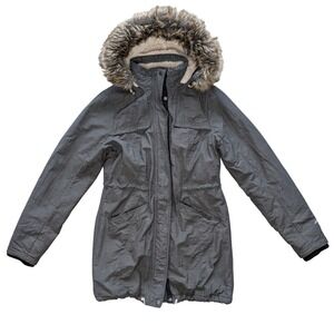 Eddie Bauer Parka Jacket Women XS Gray Faux Fur Hood Sherpa Lined Warm Staple